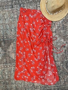 Cotton On Orange Floral Midi Skirt Ruched Tie Slit Summer Boho Size S